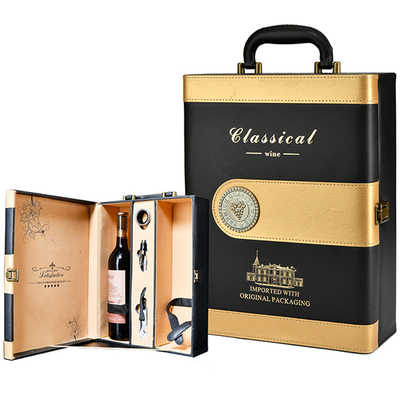Goede prijs Lege Zwarte Gouden Leersublimatie 2 de Doos van de de Flessengift van de Flessenwijn met Toebehoren online